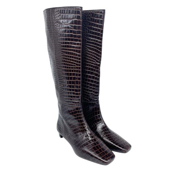 Frances Valentine Mackie Knee High Boot Brown Croc Embossed Leather Size 8.5 B - Picture 1 of 14